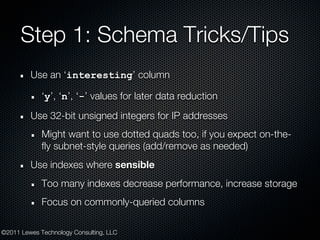 Step 1: Schema Tricks/Tips
         Use an ‘interesting’ column

             ‘y’, ‘n’, ‘-’ values for later data reductio...