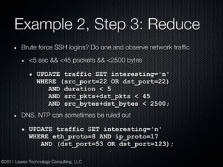 Example 2, Step 3: Reduce
         Brute force SSH logins? Do one and observe network traffic
             <5 sec && <45 p...