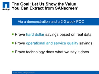 The Goal: Let Us Show the Value
You Can Extract from SANscreen          ®




       Via a demonstration and a 2-3 week POC


 Prove hard dollar savings based on real data

 Prove operational and service quality savings

 Prove technology does what we say it does




© 2008 NetApp. All rights reserved.               3
 
