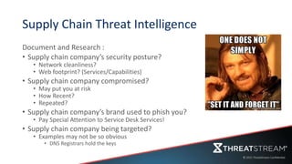 Supply Chain Threat Intelligence
Document and Research :
• Supply chain company’s security posture?
• Network cleanliness?
• Web footprint? (Services/Capabilities)
• Supply chain company compromised?
• May put you at risk
• How Recent?
• Repeated?
• Supply chain company’s brand used to phish you?
• Pay Special Attention to Service Desk Services!
• Supply chain company being targeted?
• Examples may not be so obvious
• DNS Registrars hold the keys
 