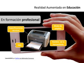 Realidad Aumentada en Educación


En formación profesional
                                                               Modo de
       Especificaciones                                        empleo
          técnicas




                                                             Nombre de la
                     FAQ                                      herramienta




  LaserJet1012 por Stehfun en Wikimedia Commons
 