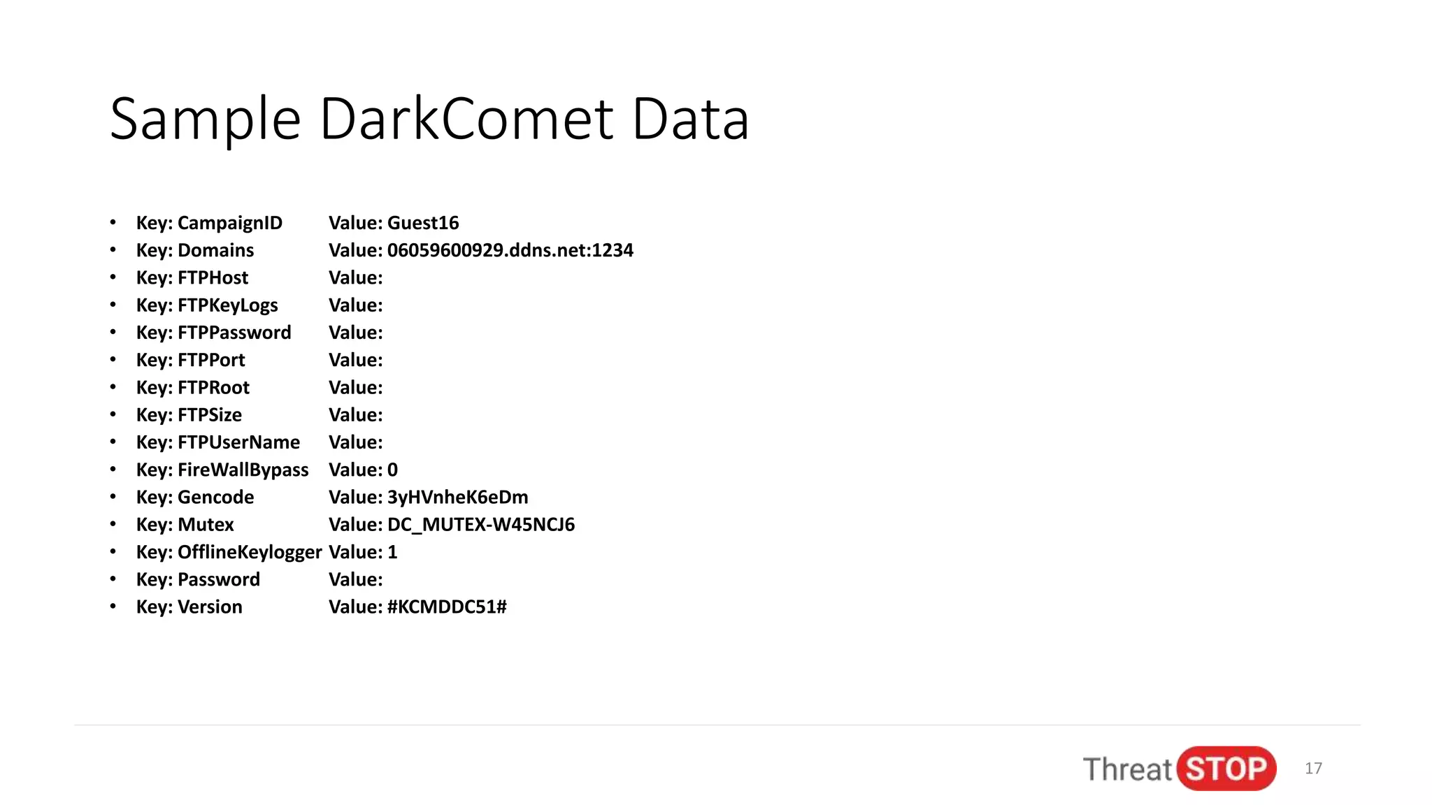 Sample DarkComet Data
• Key: CampaignID Value: Guest16
• Key: Domains Value: 06059600929.ddns.net:1234
• Key: FTPHost Value:
• Key: FTPKeyLogs Value:
• Key: FTPPassword Value:
• Key: FTPPort Value:
• Key: FTPRoot Value:
• Key: FTPSize Value:
• Key: FTPUserName Value:
• Key: FireWallBypass Value: 0
• Key: Gencode Value: 3yHVnheK6eDm
• Key: Mutex Value: DC_MUTEX-W45NCJ6
• Key: OfflineKeylogger Value: 1
• Key: Password Value:
• Key: Version Value: #KCMDDC51#
17
 