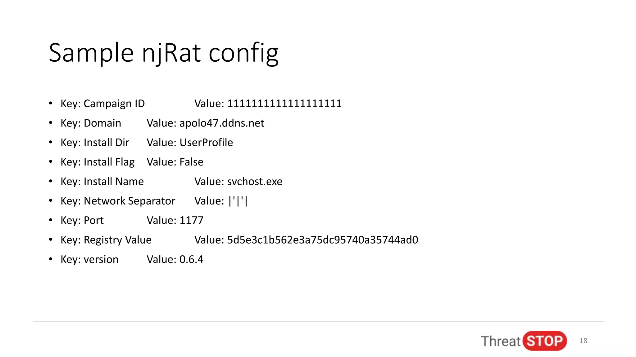 Sample njRat config
• Key: Campaign ID Value: 1111111111111111111
• Key: Domain Value: apolo47.ddns.net
• Key: Install Dir Value: UserProfile
• Key: Install Flag Value: False
• Key: Install Name Value: svchost.exe
• Key: Network Separator Value: |'|'|
• Key: Port Value: 1177
• Key: Registry Value Value: 5d5e3c1b562e3a75dc95740a35744ad0
• Key: version Value: 0.6.4
18
 