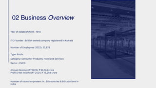 02 Business Overview
Year of establishment : 1910
ITC Founder : British owned company registered in Kolkata
Number of Employees (2022): 23,829
Type: Public
Category: Consumer Products, Hotel and Services
Sector : FMCG
Annual Revenue (FY2022): ₹ 90,104 crore
Profit | Net income (FY 2021): ₹ 15,058 crore
Number of countries present in : 90 countries & 60 Locations in
India
 