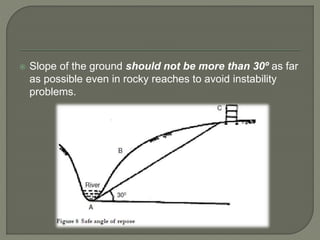  Slope of the ground should not be more than 30º as far
as possible even in rocky reaches to avoid instability
problems.
 