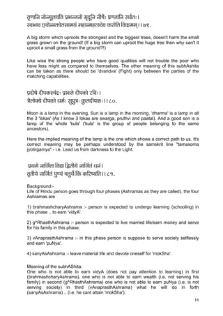 16 
lç=CçççÆvç vççívcçÓuç³ççÆlç Hç´Yçvpçvççí cç=oÓçÆvç vççÇ®çÌ: Hç´CçlçççÆvç mçJç&lç:~ 
mJçYççJç SJççívvçlç®çílçmççcç³çb cçnçvcçnlmJçíJç kçÀjçíçÆlç~ÆJçkçÀ´cçcçd~~ 79. 
A big storm which uproots the strongest and the biggest trees, doesn't harm the small grass grown on the ground! (If a big storm can uproot the huge tree then why can't it uproot a small grass from the ground?!) 
Like wise the strong people who have good qualities will not trouble the poor who have less might as compared to themselves. The other meaning of this subhAshita can be taken as there should be 'dvandva' (Fight) only between the parties of the matching capabilities. 
Hç´oçí<çí oçÇHçkçÀM®çbo´: Hç´Yççlçí oçÇHçkçÀçí jçÆJç:~ 
$çÌuççíkçw³çí oçÇHçkçÀçí Oçcç&: mçáHçá$ç: kçáÀuçoçÇHçkçÀ:~~ 80. 
Moon is a lamp in the evening. Sun is a lamp in the morning. 'dharma' is a lamp in all the 3 'lokas' (As I know 3 lokas are swarga, pruthvi and paatal). And a good son is a lamp of the whole 'kula' ('kula' is the group of people belonging to the same ancestors). 
Here the implied meaning of the lamp is the one which shows a correct path to us. It's correct meaning may be perhaps understood by the samskrit line "tamasoma jyotirgamya" - i.e. Lead us from darkness to the Light. 
Hç´Lçcçí vçççÆpç&lçç~ÆJçÐçç~ÆÜlççÇ³çí vçççÆpç&lçb Oçvçb~ 
lç=lççÇ³çí vçççÆpç&lçb HçáC³çb ®çlçáLçí&~ÆkçbÀ kçÀçÆj<³ççÆlç~~ 81. 
Background:- Life of Hindu person goes through four phases (Ashramas as they are called). the four Ashramas are 
1) brahmashcharyAshrama :- person is expected to undergo learning (schooling) in this phase .. to earn 'vidyA'. 
2) g^RhasthAshrama :- person is expected to live married life/earn money and serve for his family in this phase. 
3) vAnaprasthAshrama :- in this phase person is suppose to serve society selflessly and earn 'puNya'. 
4) sanyAsAshrama :- leave material life and devote oneself for 'mokSha'. 
Meaning of the subhAShita: 
One who is not able to earn vidyA (does not pay attention to learning) in first (brahmashcharyAshrama). one who is not able to earn wealth (i.e. not serving his family) in second (g^RhasthAshrama) one who is not able to earn puNya (i.e. is not serving society) in third (vAnaprasthAshrama) what he will do in forth (sanyAsAshrama) .. (i.e. he cant attain 'mokSha').  