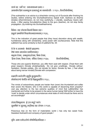 30 
mçl³çb Jço Oçcç&b ®çj mJççO³çç³ççvcçç Hç´cço:~ 
Dçç®çç³çç&³ç~ÆHç´³çb Oçvçcççn=l³ç Hç´pççlçvlçáb cçç J³çJç®sílmççÇ: ~~ 135. lçÌllçjçÇ³ççíHççÆvç<çod 
[This subhashita is an advice to a bhachelor coming out of Gurukula after finishing his studies, before entering into Gruhasthashrama.] Speak truth, beahave as dharma dictates (dharmAcharan), do not miss swAdhyAy. ( Literally, swadhyay means self- study. ) After paying Gurudakshina (fees) to the guru (teacher), do not stop family propagation. (by entering into Gruhasthashrama) 
çÆJçJçíkçÀ: mçn mçbHçl³çç~ÆJçvç³ççí~ÆJçÐç³çç mçn~ 
Hç´YçálJçb Hç´Þç³ççíHçílçb~Æ®çvncçílçvcçnçlcçvççcçd~~ 136. 
This is the indication of great people that (they have) discretion along with wealth, humbleness along with scholarship, (and) power with courteousness. Note that this suBAshit has some similarity to that of suBAshit No. 05 
³çí kçíÀ ®ç DçmcççkçbÀ Þçí³ççbmççí yç´çndcçCçç: 
lçí<ççb lJç³çç Dçççmçvçívç Hç´éççÆmçlçJ³çcçd~ 
Þç×³çç oí³çcçd DçÞç×³ççeoí³çcçd ~ÆÞç³çç oí³çcçd 
~Æn´³çç oí³çcçd ~ÆYç³çç oí³çcçd mçbçÆJçoç oí³çcçd~~ 137. lçÌllçjçÇ³ççíHççÆvç<çod 
Those who are superior Brahman, you offer them seat with respect. (Treat them with great respect.) Donate wholeheartedly. Do not give unwillingly. Donate without hesitation. Donate politely. (Do not donate for fame). Donate by fear. ( Feel afraid about being narrow minded) Donate with compassion. 
Jçpç´çoçÆHç kçÀ"çíjççÆCç cç=oÓçÆvç kçáÀmçácççoçÆHç~ 
uççíkçÀçíÊçjçCççb ®çílççbçÆmç kçÀçí~Æn~ÆJç%ççlçácçn&çÆlç~~ 138. 
The minds of extraordinary people are harder than (even) the thunderbolt and softer than (even) the flowers; who in this world is capable of discerning them properly? Just pay attention to the two extreme qualities of mind that suBAshitKar has mentioned and further to be present in the same human being! Still further to have the 'vivek' to decide under which circumstances what state of mind should be there and to act accordingly!! 
mçbmççjçÆJç<çJç=#çm³ç Üí SJç cçOçájí HçÀuçí~ 
mçáYçççÆ<çlçb ®ç mçámJççoá mçodçÆYç½ç mçn mçbiçcç:~~ 139. 
Poisonous tree (in the form of materialistic world ) has only two sweet fruits. Sweetest Subhashit and company of good people ! 
Oç=çÆlç: #çcçç ocççíemlçí³çb MççÌ®ççÆcççÆvo´³ççÆvçiç´n:~  
