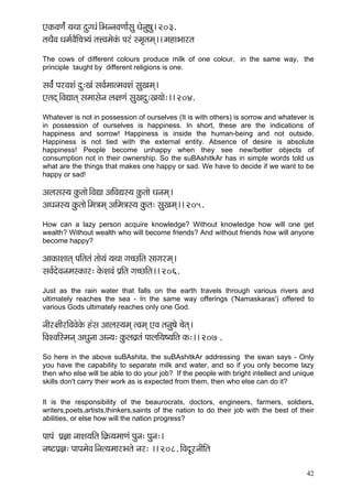 42 
SkçÀJçCç&b ³çLçç oáiOçb~ÆYçvvçJçCçç&mçá Oçívçá<çá~ 203. 
lçLçÌJç Oçcç&JçÌçÆ®ç$³çb lçÊJçcçíkçbÀ Hçjb mcç=lçcçd~~ cçnçYççjlç 
The cows of different colours produce milk of one colour, in the same way, the principle taught by different religions is one. 
mçJç&b HçjJçMçb oá:Kçb mçJç&cççlcçJçMçb mçáKçcçd~ 
Slçod~ÆJçÐççlçd mçcççmçívç uç#çCçb mçáKçoá:Kç³ççí:~~ 204. 
Whatever is not in possession of ourselves (It is with others) is sorrow and whatever is in possession of ourselves is happiness. In short, these are the indications of happiness and sorrow! Happiness is inside the human-being and not outside. Happiness is not tied with the external entity. Absence of desire is absolute happiness! People become unhappy when they see new/better objects of consumption not in their ownership. So the suBAshitkAr has in simple words told us what are the things that makes one happy or sad. We have to decide if we want to be happy or sad! 
Dçuçmçm³ç kçáÀlççí~ÆJçÐçç DççÆJçÐçm³ç kçáÀlççí Oçvçcçd~ 
DçOçvçm³ç kçáÀlççí~Æcç$çcçd DççÆcç$çm³ç kçáÀlç: mçáKçcçd~~ 205. 
How can a lazy person acquire knowledge? Without knowledge how will one get wealth? Without wealth who will become friends? And without friends how will anyone become happy? 
DççkçÀçMççlçd HççÆlçlçb lççí³çb ³çLçç iç®sçÆlç mççiçjcçd~ 
mçJç&oíJçvçcçmkçÀçj: kçíÀMçJçb Hç´çÆlç iç®sçÆlç~~ 206. 
Just as the rain water that falls on the earth travels through various rivers and ultimately reaches the sea - In the same way offerings ('Namaskaras') offered to various Gods ultimately reaches only one God. 
vççÇj#ççÇjçÆJçJçíkçíÀ nbmç Dççuçm³çcçd lJçcçd SJç lçvçá<çí ®çílçd~ 
çÆJçMJççÆmcçvçd DçOçávçç Dçv³ç: kçáÀuçJç´lçb HççuççÆ³ç<³ççÆlç kçÀ:~~ 207 . 
So here in the above suBAshita, the suBAshitkAr addressing the swan says - Only you have the capability to separate milk and water, and so if you only become lazy then who else will be able to do your job? If the people with bright intellect and unique skills don't carry their work as is expected from them, then who else can do it? 
It is the responsibility of the beaurocrats, doctors, engineers, farmers, soldiers, writers,poets,artists,thinkers,saints of the nation to do their job with the best of their abilities, or else how will the nation progress? 
HççHçb Hç´%çç vççMç³ççÆlç çÆ¬çÀ³çcççCçb Hçávç: Hçávç:~ 
vç<ìHç´%ç: HççHçcçíJç~Ævçl³çcççjYçlçí vçj: ~~ 208. çÆJçoÓjvççÇçÆlç 
 