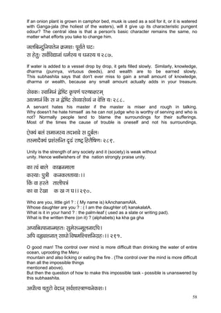 58 
If an onion plant is grown in camphor bed, musk is used as a soil for it, or it is watered with Ganga-jala (the holiest of the waters), will it give up its characteristic pungent odour? The central idea is that a person's basic character remains the same, no matter what efforts you take to change him. 
pçuççÆyçvoáçÆvçHççlçívç ¬çÀcçMç: HçÓ³ç&lçí Içì: 
mç nílçá: mçJç&çÆJçÐççvççb Oçcç&m³ç ®ç Oçvçm³ç ®ç 287. 
If water is added to a vessel drop by drop, it gets filled slowly. Similarly, knowledge, dharma (punnya, virtuous deeds), and wealth are to be earned slowly. This subhashita says that don't ever miss to gain a small amount of knowledge, dharma or wealth, because any small amount actually adds in your treasure. 
mçíJçkçÀ: mJçççÆcçvçb ÜíçÆ<ì kç=ÀHçCçb Hç©<çç#çjcçd 
Dççlcççvçb~ÆkçbÀ mç vç ÜíçÆ<ì mçíJ³ççmçíJ³çb vç JçíçÆÊç ³ç: 288. 
A servant hates his master if the master is miser and rough in talking. Why doesn't he hate himself as he can not judge who is worthy of serving and who is not? Normally people tend to blame the surroundings for their sufferings. Most of the times the cause of trouble is oneself and not his surroundings. 
Síkçw³çb yçuçb mçcççpçm³ç lçoYççJçí mç oáyç&uç: 
lçmcççoÌkçw³çb Hç´MçbmççÆvlç o={b jç<ì£~ÆnlçÌçÆ<çCç: 289. 
Unity is the strength of any society and it (society) is weak without 
unity. Hence wellwishers of the nation strongly praise unity. 
kçÀç lJçb yççuçí kçÀçgçvçcççuçç 
kçÀm³çç: Hçá$ççÇ kçÀvçkçÀuçlçç³çç:~~ 
çÆkçbÀ Jçç nmlçí lççuççÇHç$çb 
kçÀç Jçç jíKçç kçÀ Kç iç Iç~~ 290. 
Who are you, little girl ? : ( My name is) kAnchanamAlA. 
Whose daughter are you ? : ( I am the daughter of) kanakalatA. 
What is it in your hand ? : the palm-leaf ( used as a slate or writing pad). 
What is the written there (on it) ? (alphabets) ka kha ga gha 
DçH³ççÆyOçHççvççvcçnlç: mçácçíªvcçÓuçvççoçÆHç~ 
DççÆHç JçÚîçMçvççlçd mççOççí~ÆJç<çcççÆM®çÊççÆvçiç´n:~~ 291. 
O good man! The control over mind is more difficult than drinking the water of entire ocean, uprooting the Meru 
mountain and also licking or eating the fire . (The control over the mind is more difficult 
than all the impossible things 
mentioned above). 
But then the question of how to make this impossible task - possible is unanswered by this subhaashita. 
DçOççÇl³ç ®çlçájçí Jçíoçvçd mçJç&Mççm$ççC³çvçíkçÀMç:~  