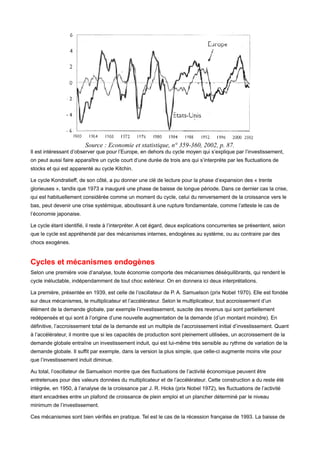Source : Economie et statistique, n° 359-360, 2002, p. 87. 
Il est intéressant d’observer que pour l’Europe, en dehors du cycle moyen qui s’explique par l’investissement, 
on peut aussi faire apparaître un cycle court d’une durée de trois ans qui s’interprète par les fluctuations de 
stocks et qui est apparenté au cycle Kitchin. 
Le cycle Kondratieff, de son côté, a pu donner une clé de lecture pour la phase d’expansion des « trente 
glorieuses », tandis que 1973 a inauguré une phase de baisse de longue période. Dans ce dernier cas la crise, 
qui est habituellement considérée comme un moment du cycle, celui du renversement de la croissance vers le 
bas, peut devenir une crise systémique, aboutissant à une rupture fondamentale, comme l’atteste le cas de 
l’économie japonaise. 
Le cycle étant identifié, il reste à l’interpréter. A cet égard, deux explications concurrentes se présentent, selon 
que le cycle est appréhendé par des mécanismes internes, endogènes au système, ou au contraire par des 
chocs exogènes. 
Cycles et mécanismes endogènes 
Selon une première voie d’analyse, toute économie comporte des mécanismes déséquilibrants, qui rendent le 
cycle inéluctable, indépendamment de tout choc extérieur. On en donnera ici deux interprétations. 
La première, présentée en 1939, est celle de l’oscillateur de P. A. Samuelson (prix Nobel 1970). Elle est fondée 
sur deux mécanismes, le multiplicateur et l’accélérateur. Selon le multiplicateur, tout accroissement d’un 
élément de la demande globale, par exemple l’investissement, suscite des revenus qui sont partiellement 
redépensés et qui sont à l’origine d’une nouvelle augmentation de la demande (d’un montant moindre). En 
définitive, l’accroissement total de la demande est un multiple de l’accroissement initial d’investissement. Quant 
à l’accélérateur, il montre que si les capacités de production sont pleinement utilisées, un accroissement de la 
demande globale entraîne un investissement induit, qui est lui-même très sensible au rythme de variation de la 
demande globale. Il suffit par exemple, dans la version la plus simple, que celle-ci augmente moins vite pour 
que l’investissement induit diminue. 
Au total, l’oscillateur de Samuelson montre que des fluctuations de l’activité économique peuvent être 
entretenues pour des valeurs données du multiplicateur et de l’accélérateur. Cette construction a du reste été 
intégrée, en 1950, à l’analyse de la croissance par J. R. Hicks (prix Nobel 1972), les fluctuations de l’activité 
étant encadrées entre un plafond de croissance de plein emploi et un plancher déterminé par le niveau 
minimum de l’investissement. 
Ces mécanismes sont bien vérifiés en pratique. Tel est le cas de la récession française de 1993. La baisse de 
 