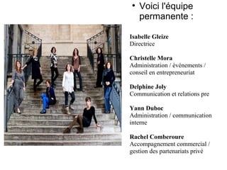 
    Voici l'équipe
    permanente :

Isabelle Gleize
Directrice

Christelle Mora
Administration / événements /
conseil en entrepreneuriat

Delphine Joly
Communication et relations pre

Yann Duboc
Administration / communication
interne

Rachel Comberoure
Accompagnement commercial /
gestion des partenariats privé
 