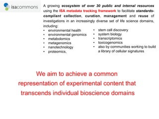 A growing ecosystem of over 30 public and internal resources
         using the ISA metadata tracking framework to facilitate standards-
         compliant collection, curation, management and reuse of
         investigations in an increasingly diverse set of life science domains,
         including:
         •  environmental health         •  stem cell discovery
         •  environmental genomics       •  system biology
         •  metabolomics                 •  transcriptomics
         •  metagenomics                 •  toxicogenomics
         •  nanotechnology               •  also by communities working to build
         •  proteomics,                     a library of cellular signatures




      We aim to achieve a common
representation of experimental content that
transcends individual bioscience domains
 