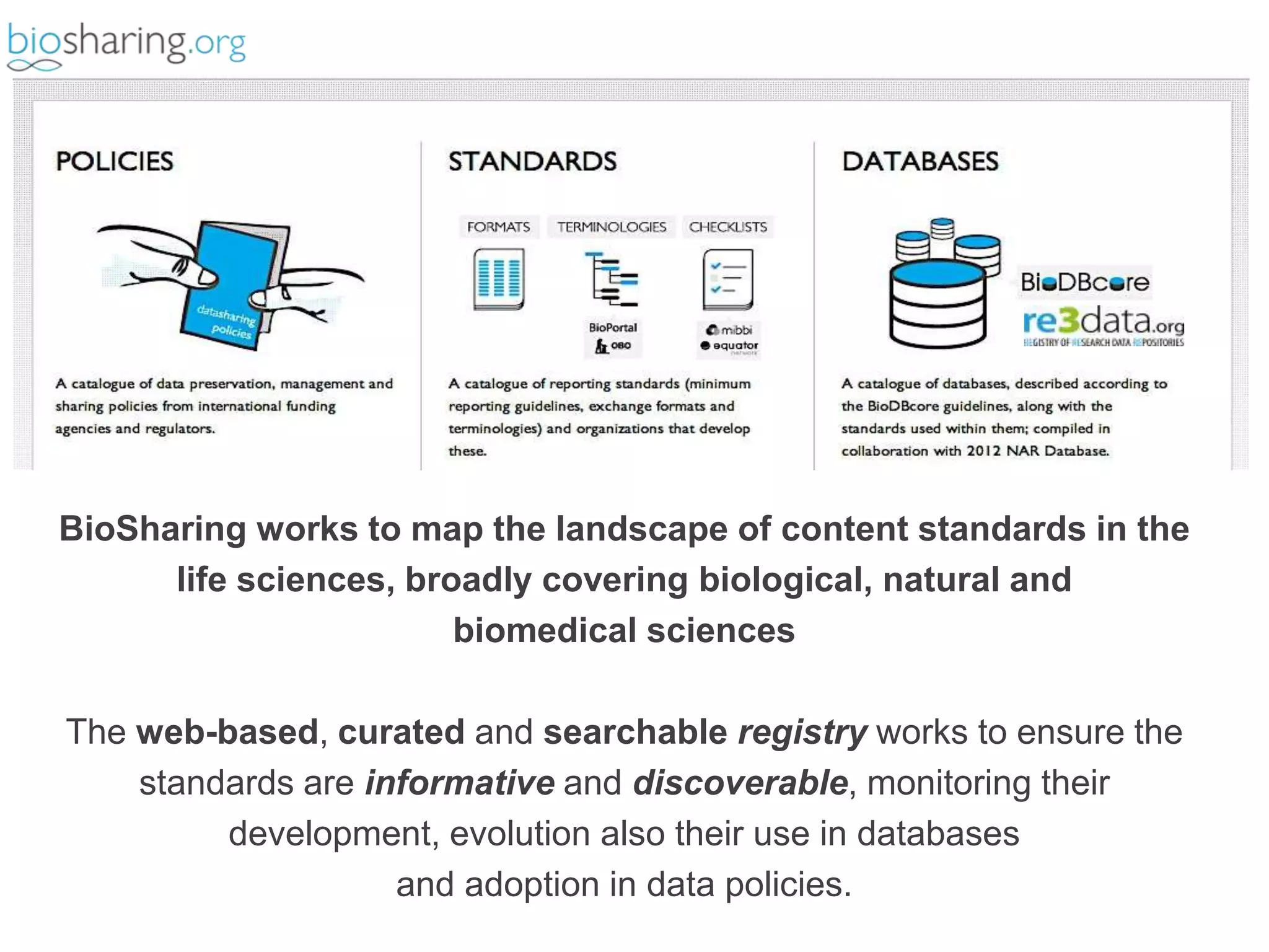 BioSharing works to map the landscape of content standards in the 
life sciences, broadly covering biological, natural and 
biomedical sciences 
The web-based, curated and searchable registry works to ensure the 
standards are informative and discoverable, monitoring their 
development, evolution also their use in databases 
and adoption in data policies. 
 