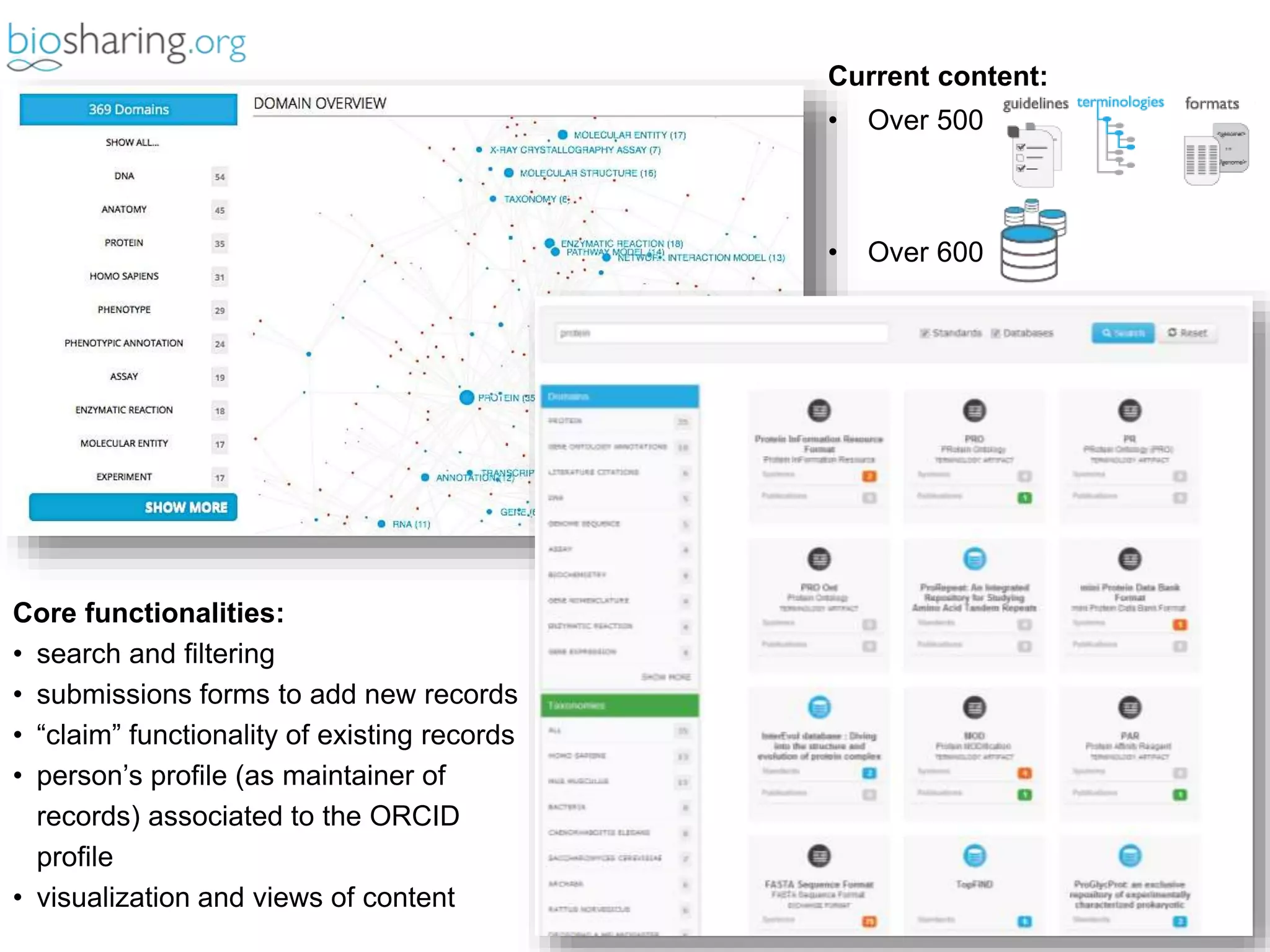 Core functionalities: 
• search and filtering 
• submissions forms to add new records 
• “claim” functionality of existing records 
• person’s profile (as maintainer of 
records) associated to the ORCID 
profile 
• visualization and views of content 
The International Conference on Systems Biology (ICSB), 22-28 August, 2008 Susanna-Assunta 
Sansone www.ebi.ac.uk/net-project 
1 
8 
Current content: 
• Over 500 
• Over 600 
 
