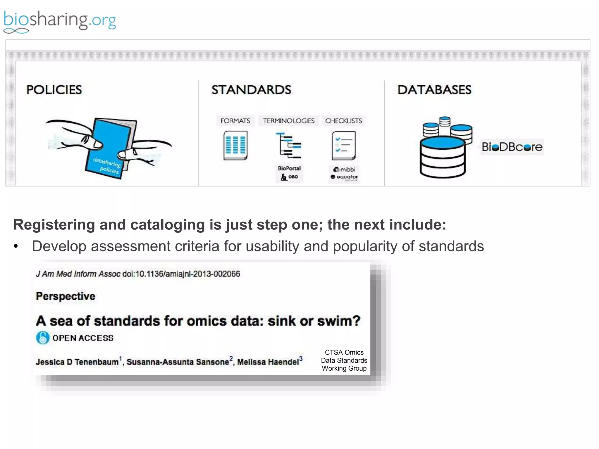 Registering and cataloging is just step one; the next include: 
• Develop assessment criteria for usability and popularity of standards 
CTSA Omics 
Data Standards 
Working Group 
 