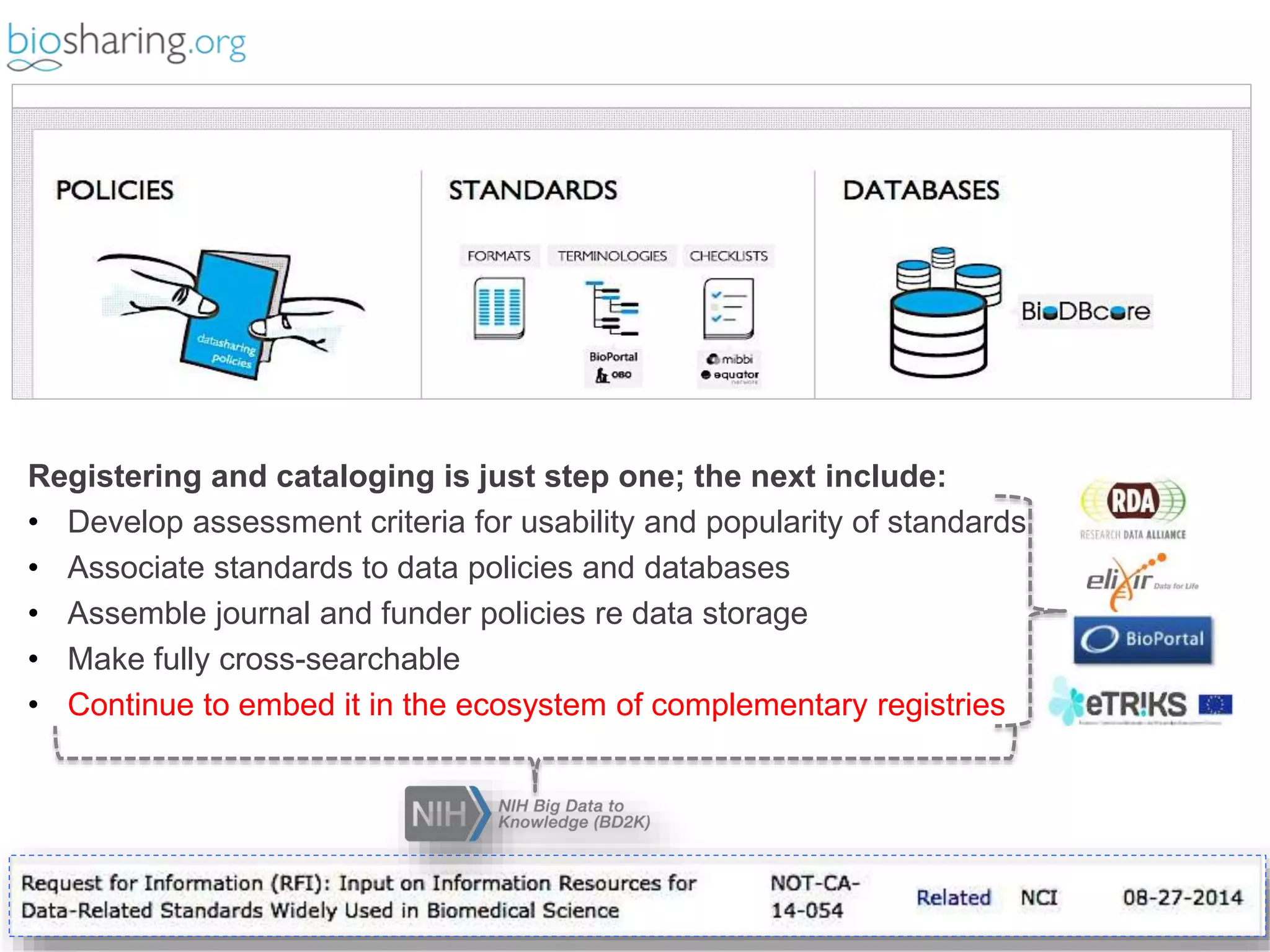 Registering and cataloging is just step one; the next include: 
• Develop assessment criteria for usability and popularity of standards 
• Associate standards to data policies and databases 
• Assemble journal and funder policies re data storage 
• Make fully cross-searchable 
• Continue to embed it in the ecosystem of complementary registries 
 