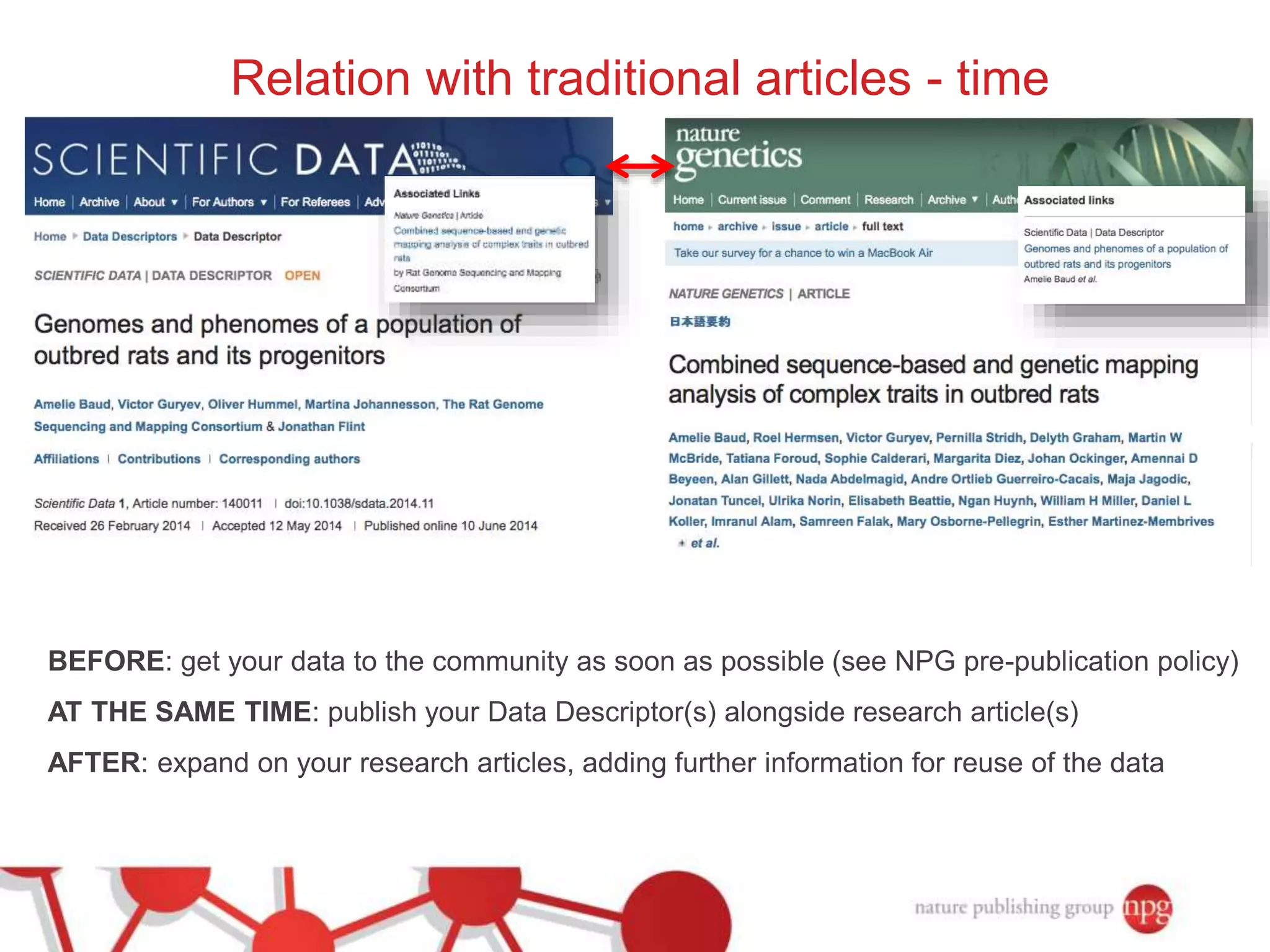Relation with traditional articles - time 
BEFORE: get your data to the community as soon as possible (see NPG pre-publication policy) 
AT THE SAME TIME: publish your Data Descriptor(s) alongside research article(s) 
AFTER: expand on your research articles, adding further information for reuse of the data 
 