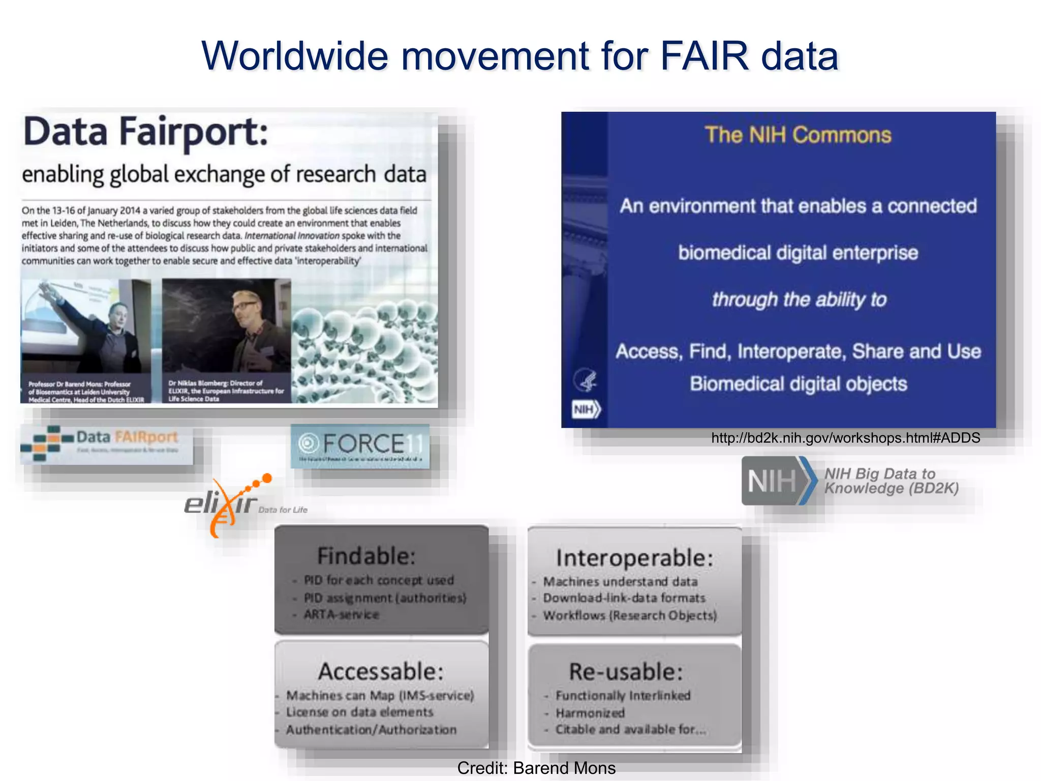 Worldwide movement for FAIR data 
Credit: Barend Mons 
http://bd2k.nih.gov/workshops.html#ADDS 
 