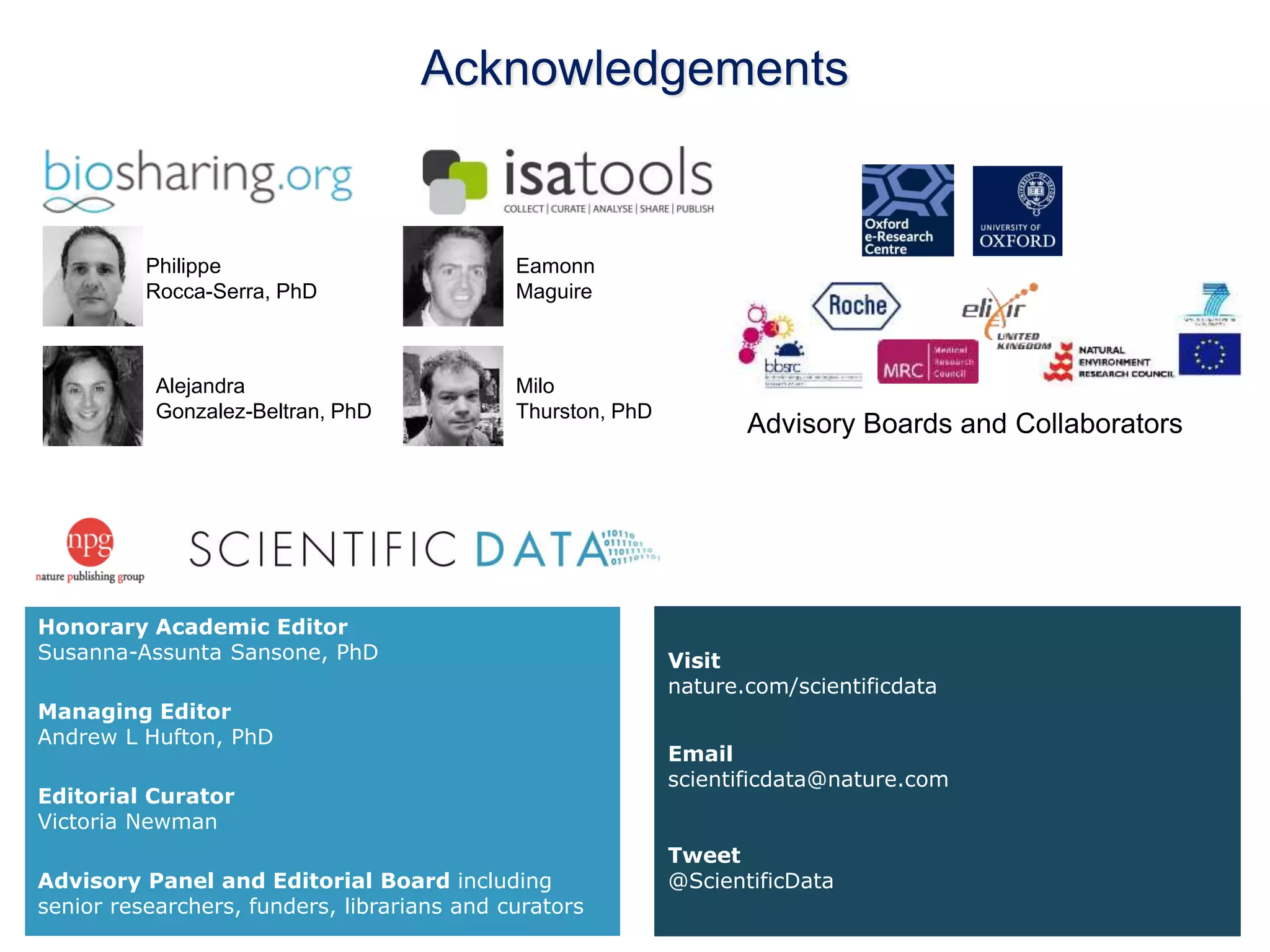 Acknowledgements 
Advisory Boards and Collaborators 
Philippe 
Rocca-Serra, PhD 
Alejandra 
Gonzalez-Beltran, PhD 
Eamonn 
Maguire 
Milo 
Thurston, PhD 
Visit 
nature.com/scientificdata 
Email 
scientificdata@nature.com 
Tweet 
@ScientificData 
Honorary Academic Editor 
Susanna-Assunta Sansone, PhD 
Managing Editor 
Andrew L Hufton, PhD 
Editorial Curator 
Victoria Newman 
Advisory Panel and Editorial Board including 
senior researchers, funders, librarians and curators 
