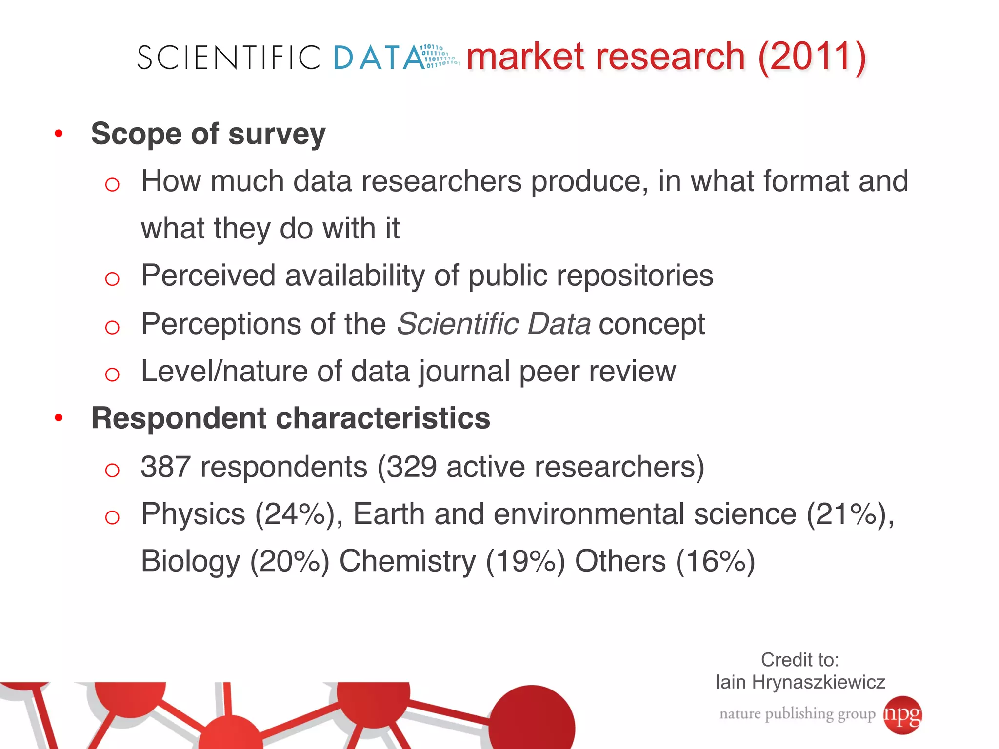 market research (2011) 
• Scope of survey! 
o How much data researchers produce, in what format and 
what they do with it! 
o Perceived availability of public repositories! 
o Perceptions of the Scientific Data concept! 
o Level/nature of data journal peer review! 
• Respondent characteristics! 
o 387 respondents (329 active researchers)! 
o Physics (24%), Earth and environmental science (21%), 
Biology (20%) Chemistry (19%) Others (16%)! 
Credit to: 
Iain Hrynaszkiewicz 
 