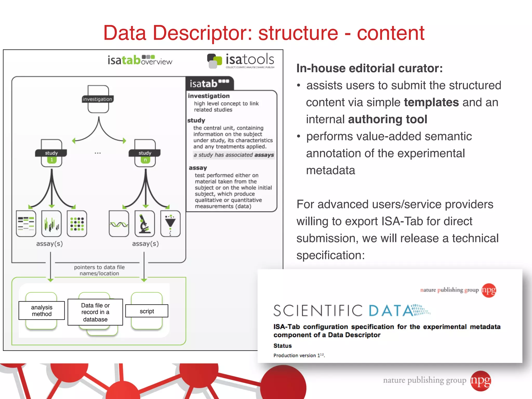 Data Descriptor: structure - content ! 
In-house editorial curator:! 
• assists users to submit the structured 
content via simple templates and an 
internal authoring tool! 
• performs value-added semantic 
annotation of the experimental 
metadata! 
For advanced users/service providers 
willing to export ISA-Tab for direct 
submission, we will release a technical 
specification:! 
Data file or ! 
record in a 
database! 
analysis ! 
method! script! 
 
