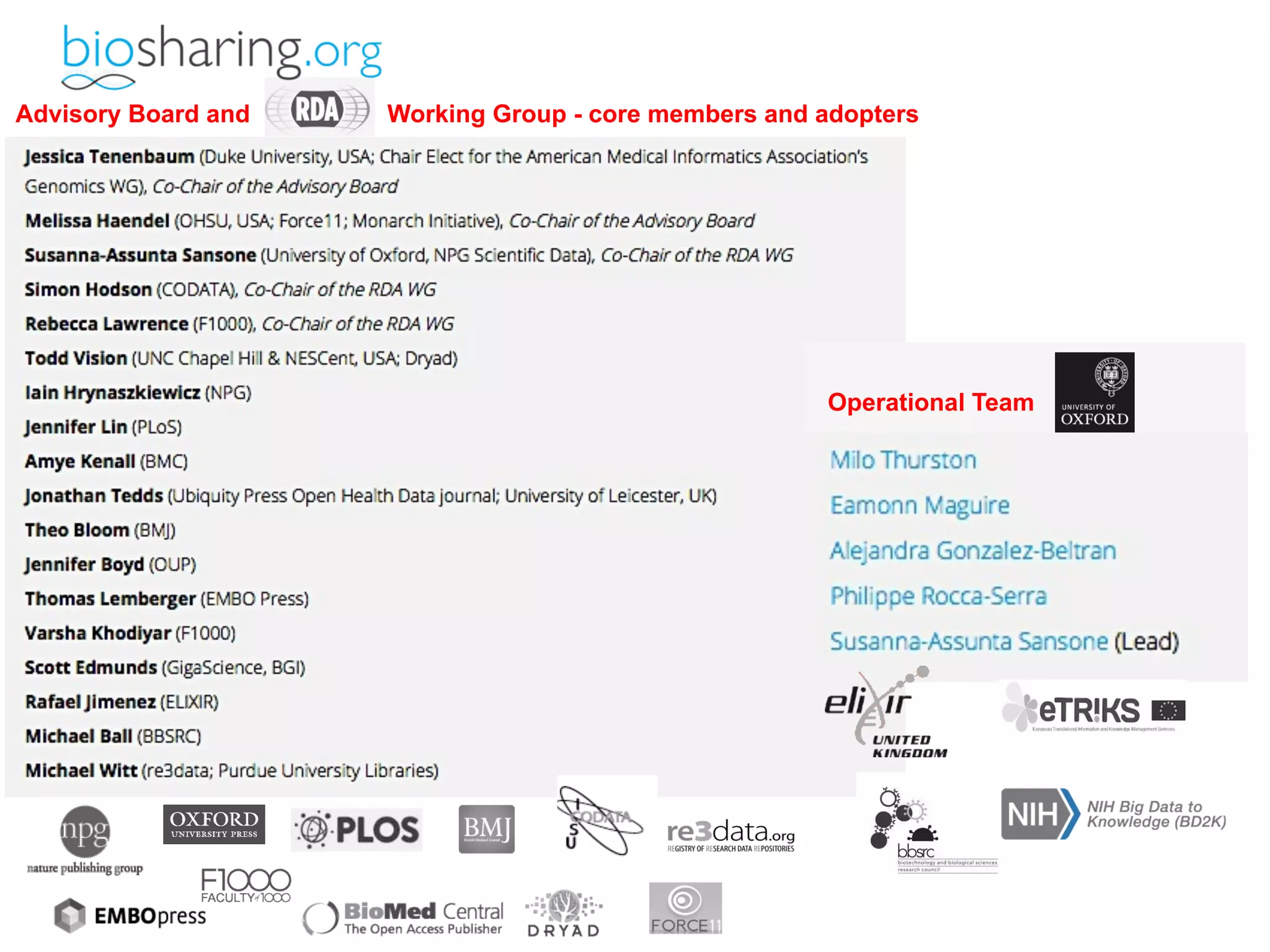 Advisory Board and Working Group - core members and adopters 
Operational Team 
 