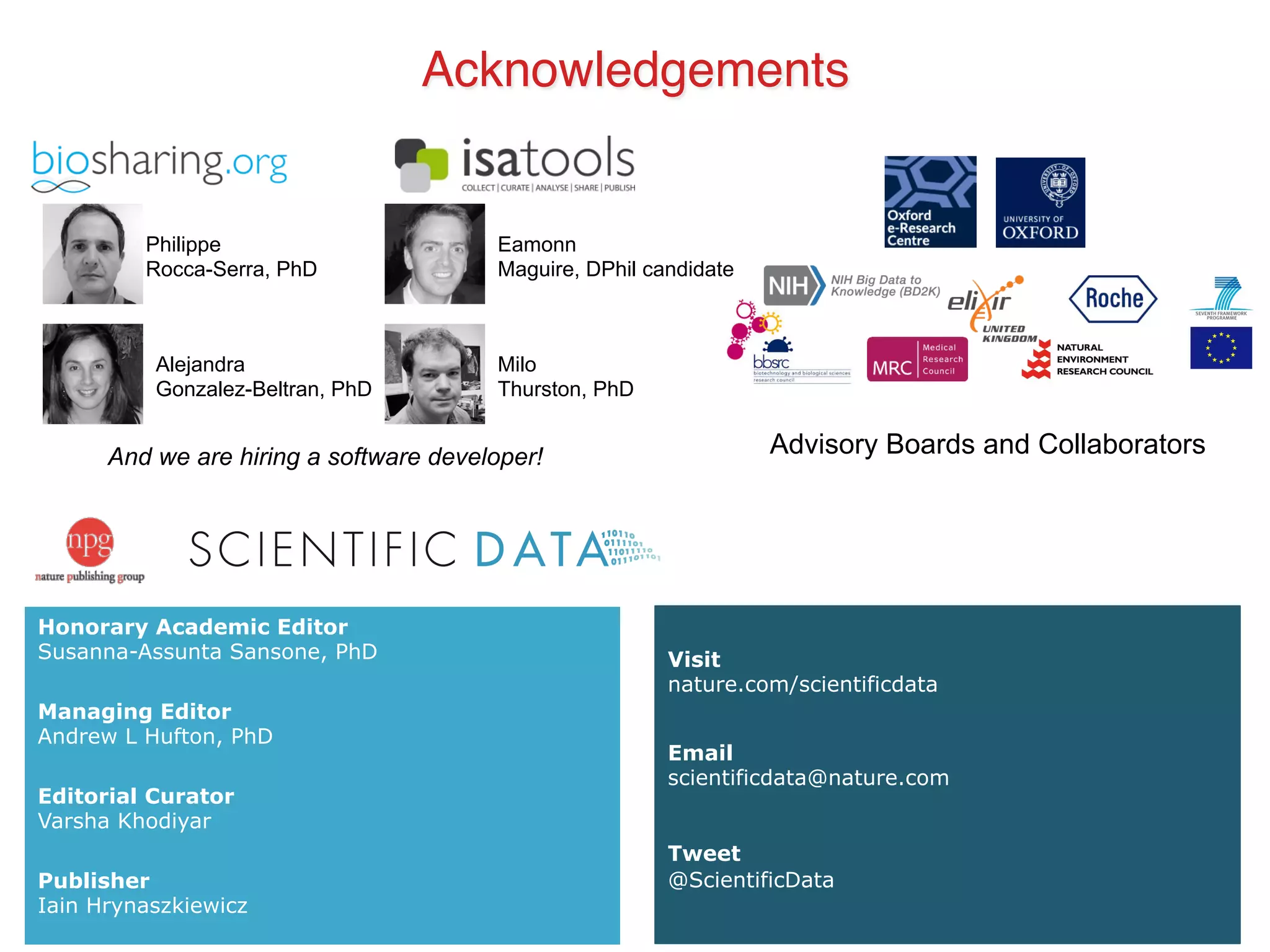 Acknowledgements! 
Advisory Boards and Collaborators 
Philippe 
Rocca-Serra, PhD 
Alejandra 
Gonzalez-Beltran, PhD 
Milo 
Thurston, PhD 
Visit 
nature.com/scientificdata 
Email 
scientificdata@nature.com 
Tweet 
@ScientificData 
Honorary Academic Editor 
Susanna-Assunta Sansone, PhD 
Managing Editor 
Andrew L Hufton, PhD 
Editorial Curator 
Varsha Khodiyar 
Publisher 
Iain Hrynaszkiewicz 
Eamonn 
Maguire, DPhil candidate 
And we are hiring a software developer! 
