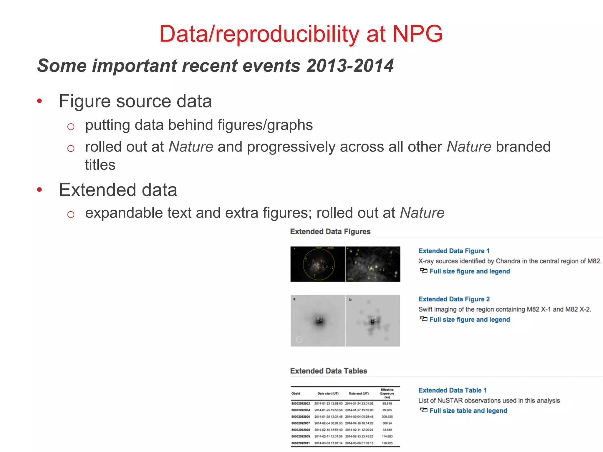 Data/reproducibility at NPG 
Some important recent events 2013-2014 
• Figure source data 
o putting data behind figures/graphs 
o rolled out at Nature and progressively across all other Nature branded 
titles 
• Extended data 
o expandable text and extra figures; rolled out at Nature 
 
