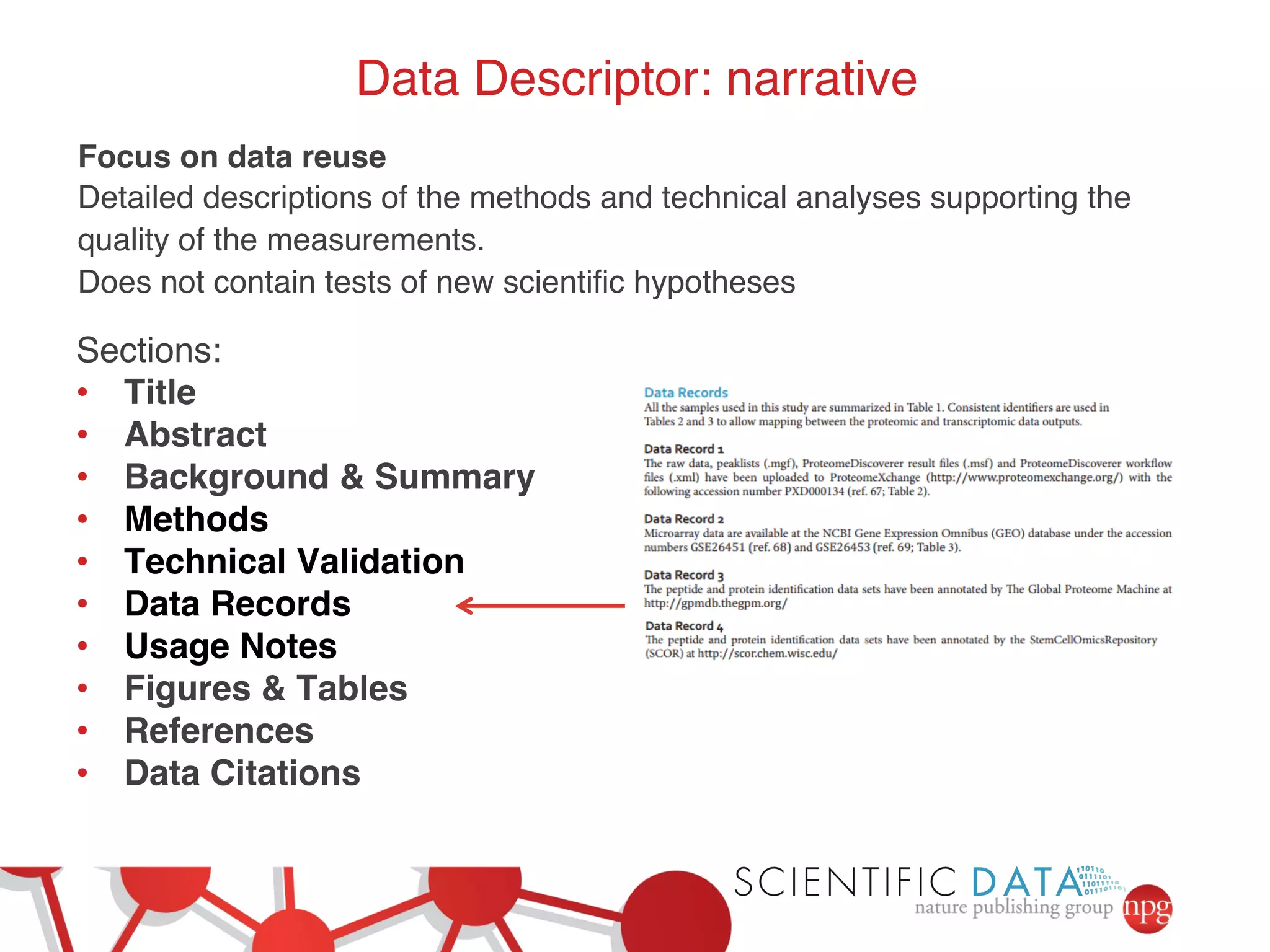 Data Descriptor: narrative! 
Focus on data reuse! 
Detailed descriptions of the methods and technical analyses supporting the 
quality of the measurements.! 
Does not contain tests of new scientific hypotheses! 
Sections:! 
• Title! 
• Abstract! 
• Background & Summary! 
• Methods! 
• Technical Validation! 
• Data Records! 
• Usage Notes ! 
• Figures & Tables ! 
• References! 
• Data Citations! 
! 
 