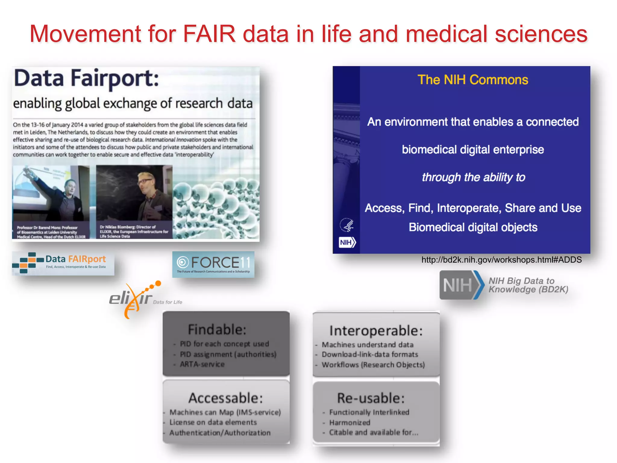Movement for FAIR data in life and medical sciences 
http://bd2k.nih.gov/workshops.html#ADDS 
 