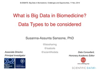 ! 
What is Big Data in Biomedicine?! 
Data Types to be considered! 
! 
Susanna-Assunta Sansone, PhD! 
! 
@biosharing! 
@isatools! 
@scientificdata! 
! 
B-DEBATE: Big Data in Biomedicine. Challenges and Opportunities, 11 Nov, 2014 
Data Consultant, 
Honorary Academic Editor 
Associate Director, 
Principal Investigator 
 
