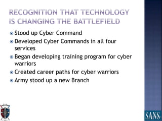  Stood up Cyber Command
 Developed Cyber Commands in all four
services
 Began developing training program for cyber
warriors
 Created career paths for cyber warriors
 Army stood up a new Branch
 