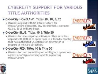  CyberCity HOMELAND: Titles 10, 18, & 32
 Missions aligned with US infrastructure for
infrastructure operators, law enforcement, National
Guard, & US military bases
 CyberCity BLUE: Titles 10 & Title 50
 Missions include response actions or other activities
aligned with DoD or IC operations in a friendly country
that has authorized US actions for defense or in
support of military objectives
 CyberCity RED: Titles 10 & Title 50
 Missions focused on military or intelligence operations
against a foreign adversary and its supporting
infrastructure
 
