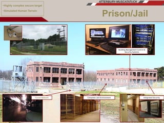 Prison/Jail
•Highly complex secure target
•Simulated Human Terrain
Building Management Control &
Security Systems
Tunnel Network Complete Jail Environment Integrated Security
 