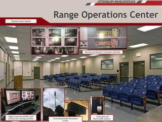 Develop and Monitor Training in real time
Highly experienced ROC staff
enhance all training activities Centralized Audio Simulation
Center
Customize and
Record AAR analysis
Citywide Audio System
Range Operations Center
 