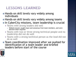  Hands-on skill levels vary widely among
individuals
 Hands-on skill levels vary widely among teams
 In CyberCity missions, team leadership is crucial
 Teams with strong leaders did well
 Walked around, sought input and consensus from team members, and were
decisive when required
 Teams with two or three strong technical people and no
leadership did not do well
 Teams with a strong technical person as the lead did not
do as well
 Team coordination improved after we pushed for
identification of a team leader and briefed
leaders before start of the course
 