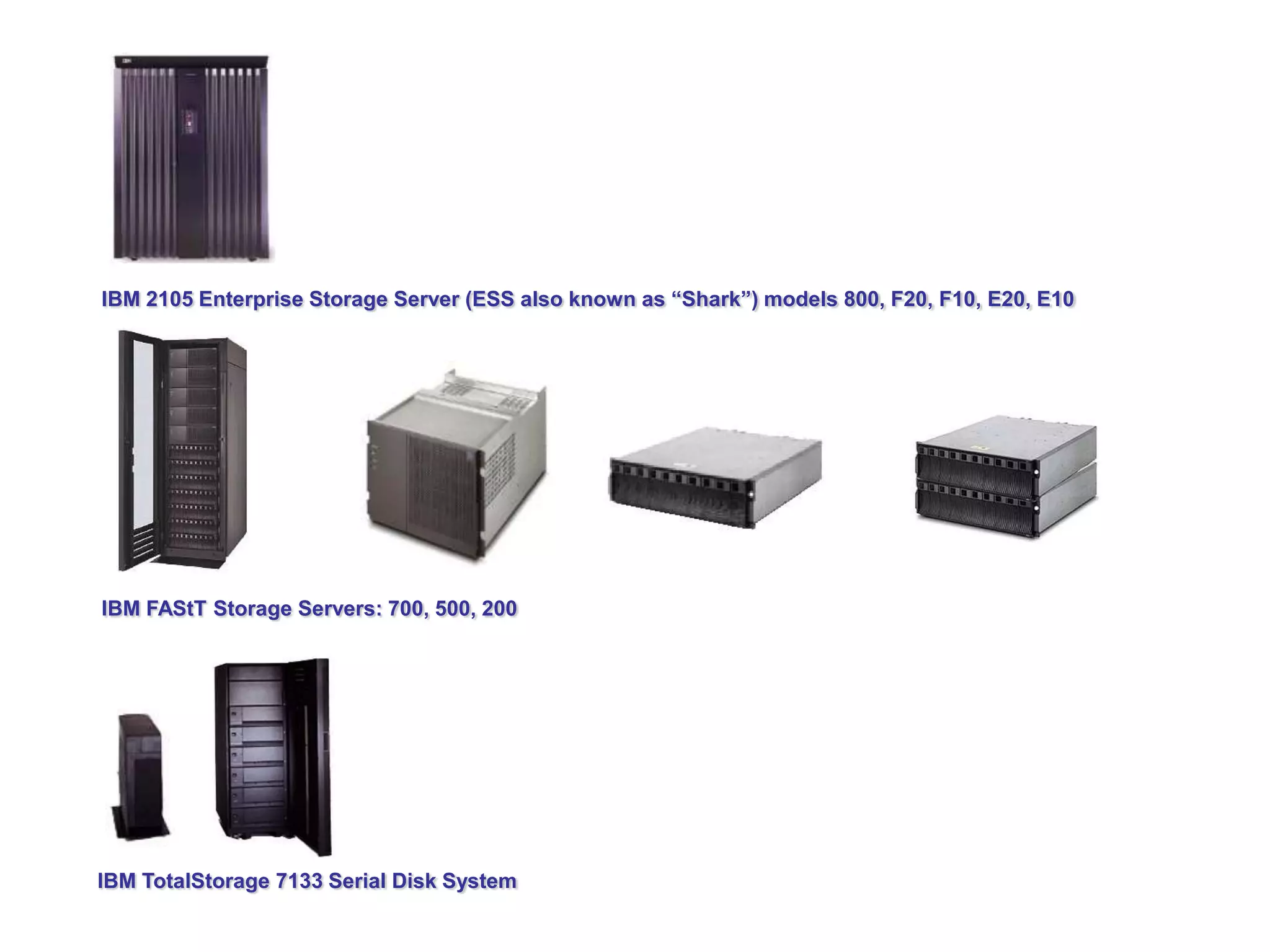 IBM 2105 Enterprise Storage Server (ESS also known as “Shark”) models 800, F20, F10, E20, E10




IBM FAStT Storage Servers: 700, 500, 200




IBM TotalStorage 7133 Serial Disk System
 