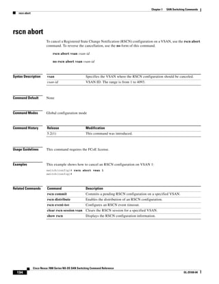 194
Cisco Nexus 7000 Series NX-OS SAN Switching Command Reference
OL-25169-04
Chapter 1 SAN Switching Commands
rscn abort
rscn abort
To cancel a Registered State Change Notification (RSCN) configuration on a VSAN, use the rscn abort
command. To reverse the cancellation, use the no form of this command.
rscn abort vsan vsan-id
no rscn abort vsan vsan-id
Syntax Description
Command Default None
Command Modes Global configuration mode
Command History
Usage Guidelines This command requires the FCoE license.
Examples This example shows how to cancel an RSCN configuration on VSAN 1:
switch(config)# rscn abort vsan 1
switch(config)#
Related Commands
vsan Specifies the VSAN where the RSCN configuration should be canceled.
vsan-id VSAN ID. The range is from 1 to 4093.
Release Modification
5.2(1) This command was introduced.
Command Description
rscn commit Commits a pending RSCN configuration on a specified VSAN.
rscn distribute Enables the distribution of an RSCN configuration.
rscn event-tov Configures an RSCN event timeout.
clear rscn session vsan Clears the RSCN session for a specified VSAN.
show rscn Displays the RSCN configuration information.
 