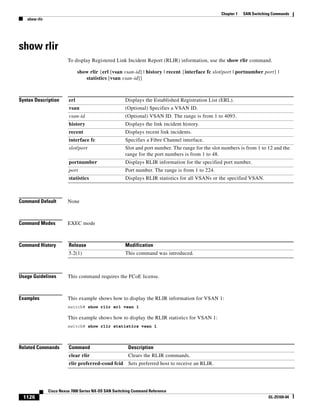 1126
Cisco Nexus 7000 Series NX-OS SAN Switching Command Reference
OL-25169-04
Chapter 1 SAN Switching Commands
show rlir
show rlir
To display Registered Link Incident Report (RLIR) information, use the show rlir command.
show rlir {erl [vsan vsan-id] | history | recent {interface fc slot/port | portnumber port} |
statistics [vsan vsan-id]}
Syntax Description
Command Default None
Command Modes EXEC mode
Command History
Usage Guidelines This command requires the FCoE license.
Examples This example shows how to display the RLIR information for VSAN 1:
switch# show rlir erl vsan 1
This example shows how to display the RLIR statistics for VSAN 1:
switch# show rlir statistics vsan 1
Related Commands
erl Displays the Established Registration List (ERL).
vsan (Optional) Specifies a VSAN ID.
vsan-id (Optional) VSAN ID. The range is from 1 to 4093.
history Displays the link incident history.
recent Displays recent link incidents.
interface fc Specifies a Fibre Channel interface.
slot/port Slot and port number. The range for the slot numbers is from 1 to 12 and the
range for the port numbers is from 1 to 48.
portnumber Displays RLIR information for the specified port number.
port Port number. The range is from 1 to 224.
statistics Displays RLIR statistics for all VSANs or the specified VSAN.
Release Modification
5.2(1) This command was introduced.
Command Description
clear rlir Clears the RLIR commands.
rlir preferred-cond fcid Sets preferred host to receive an RLIR.
 