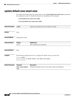 1152
Cisco Nexus 7000 Series NX-OS SAN Switching Command Reference
OL-25169-04
Chapter 1 SAN Switching Commands
system default zone smart-zone
system default zone smart-zone
To configure the default values for smart zoning, use the system default zone smart-zone command in
the configuration mode. To disable this feature, use the no form of the command.
system default zone smart-zone enable
no system default zone smart-zone enable
Syntax Description
Defaults None.
Command Modes Configuration mode
Command History
Usage Guidelines None
Examples The following example shows how to configure the default values for smart-zone:
switch# config
switch(config)# no system default zone smart-zone enable
switch(config)#
Related Commands
enable Specifies the default smart zone enable or disable.
Release Modification
6.1(3) This command was introduced.
Command Description
show system default
zone
Displays the default value of zone mode as basic and enhanced.
 
