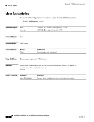 16
Cisco Nexus 7000 Series NX-OS SAN Switching Command Reference
OL-25169-04
Chapter 1 SAN Switching Commands
clear fcs statistics
clear fcs statistics
To clear the fabric configuration server statistics, use the clear fcs statistics command.
clear fcs statistics vsan vsan-id
Syntax Description
Command Default None
Command Modes EXEC mode
Command History
Usage Guidelines This command requires the FCoE license.
Examples This example shows how to clear the fabric configuration server statistics for VSAN 10:
switch# clear fcs statistics vsan 1
switch#
Related Commands
vsan Clears the FCS statistics for a specified VSAN.
vsan-id VSAN ID. The range is from 1 to 4093.
Release Modification
5.2(1) This command was introduced.
Command Description
show fcs statistics Displays fabric configuration server statistics information.
 
