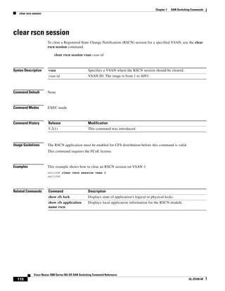 110
Cisco Nexus 7000 Series NX-OS SAN Switching Command Reference
OL-25169-04
Chapter 1 SAN Switching Commands
clear rscn session
clear rscn session
To clear a Registered State Change Notification (RSCN) session for a specified VSAN, use the clear
rscn session command.
clear rscn session vsan vsan-id
Syntax Description
Command Default None
Command Modes EXEC mode
Command History
Usage Guidelines The RSCN application must be enabled for CFS distribution before this command is valid.
This command requires the FCoE license.
Examples This example shows how to clear an RSCN session on VSAN 1:
switch# clear rscn session vsan 1
switch#
Related Commands
vsan Specifies a VSAN where the RSCN session should be cleared.
vsan-id VSAN ID. The range is from 1 to 4093.
Release Modification
5.2(1) This command was introduced.
Command Description
show cfs lock Displays state of application's logical or physical locks.
show cfs application
name rscn
Displays local application information for the RSCN module.
 