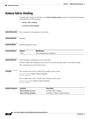 128
Cisco Nexus 7000 Series NX-OS SAN Switching Command Reference
OL-25169-04
Chapter 1 SAN Switching Commands
feature fabric-binding
feature fabric-binding
To enable fabric binding in a VSAN, use the fabric-binding enable command. To disable fabric binding,
use the no form of this command.
feature fabric-binding
no feature fabric-binding
Syntax Description This command has no arguments or keywords.
Command Default Disabled
Command Modes Global configuration mode
Command History
Usage Guidelines Fabric binding is configured on a per-VSAN basis.
you must enable fabric binding in each switch in the fabric that participates in the fabric binding.
This command requires the FCoE license.
Examples This example shows how to enable fabric binding on that switch:
switch(config)# feature fabric-binding
switch(config)#
This example shows how to disable fabric binding on that switch:
switch(config)# no feature fabric-binding
switch(config)#
Related Commands
Release Modification
5.2(1) This command was introduced.
Command Description
fabric-binding activate Activates fabric binding.
fabric-binding database Configures a fabric-binding database.
 