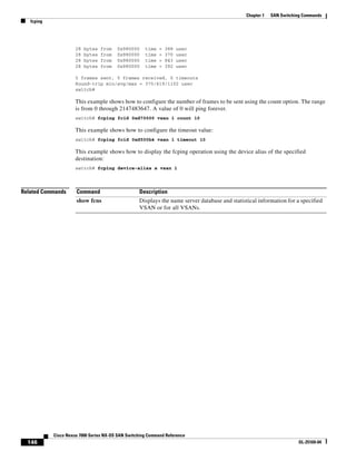 146
Cisco Nexus 7000 Series NX-OS SAN Switching Command Reference
OL-25169-04
Chapter 1 SAN Switching Commands
fcping
28 bytes from 0x980000 time = 388 usec
28 bytes from 0x980000 time = 370 usec
28 bytes from 0x980000 time = 843 usec
28 bytes from 0x980000 time = 392 usec
5 frames sent, 5 frames received, 0 timeouts
Round-trip min/avg/max = 370/619/1102 usec
switch#
This example shows how to configure the number of frames to be sent using the count option. The range
is from 0 through 2147483647. A value of 0 will ping forever.
switch# fcping fcid 0xd70000 vsan 1 count 10
This example shows how to configure the timeout value:
switch# fcping fcid 0xd500b4 vsan 1 timeout 10
This example shows how to display the fcping operation using the device alias of the specified
destination:
switch# fcping device-alias x vsan 1
Related Commands Command Description
show fcns Displays the name server database and statistical information for a specified
VSAN or for all VSANs.
 