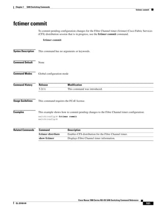 161
Cisco Nexus 7000 Series NX-OS SAN Switching Command Reference
OL-25169-04
Chapter 1 SAN Switching Commands
fctimer commit
fctimer commit
To commit pending configuration changes for the Fibre Channel timer (fctimer) Cisco Fabric Services
(CFS) distribution session that is in progress, use the fctimer commit command.
fctimer commit
Syntax Description This command has no arguments or keywords.
Command Default None
Command Modes Global configuration mode
Command History
Usage Guidelines This command requires the FCoE license.
Examples This example shows how to commit pending changes to the Fibre Channel timer configuration:
switch(config)# fctimer commit
switch(config)#
Related Commands
Release Modification
5.2(1) This command was introduced.
Command Description
fctimer distribute Enables CFS distribution for the Fibre Channel timer.
show fctimer Displays Fibre Channel timer information.
 