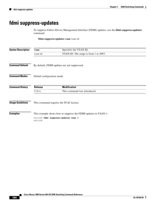 164
Cisco Nexus 7000 Series NX-OS SAN Switching Command Reference
OL-25169-04
Chapter 1 SAN Switching Commands
fdmi suppress-updates
fdmi suppress-updates
To suppress Fabric-Device Management Interface (FDMI) updates, use the fdmi suppress-updates
command.
fdmi suppress-updates vsan vsan-id
Syntax Description
Command Default By default, FDMI updates are not suppressed.
Command Modes Global configuration mode
Command History
Usage Guidelines This command requires the FCoE license.
Examples This example shows how to suppress the FDMI updates in VSAN 1:
switch# fdmi suppress-updates vsan 1
switch#
vsan Specifies the VSAN ID.
vsan-id VSAN ID. The range is from 1 to 4093.
Release Modification
5.2(1) This command was introduced.
 
