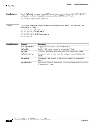 170
Cisco Nexus 7000 Series NX-OS SAN Switching Command Reference
OL-25169-04
Chapter 1 SAN Switching Commands
fspf config
Usage Guidelines Use the fspf config command to enter FSPF configuration mode for the specified VSAN. In FSPF
configuration mode, the fscp config commands configure FSPF for this VSAN.
This command requires the FCoE license.
Examples This example shows how to configure a static SPF computation in VSAN 1 and delete the FSPF
configuration in VSAN 3:
switch(config)# fspf config vsan 1
switch(fspf-config)# spf static
switch(fspf-config)# exit
switch(config)# no fspf config vsan 3
switch(config)#
Related Commands Command Description
show fspf interface Displays information for each selected interface.
fspf enable Enables FSPF routing protocol in the specified VSAN.
fspf cost Configures the cost for the selected interface in the specified VSAN.
fspf hello-interval Specifies the hello message interval to verify the health of a link in the
VSAN.
fspf passive Disables the FSPF protocol for the specified interface in the specified
VSAN.
fspf retransmit Specifies the retransmit time interval for unacknowledged link state updates
in the specified VSAN.
 
