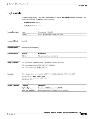 175
Cisco Nexus 7000 Series NX-OS SAN Switching Command Reference
OL-25169-04
Chapter 1 SAN Switching Commands
fspf enable
fspf enable
To enable Fabric Shortest Path First (FSPF) for a VSAN, use the fspf enable command. To disable FSPF
routing protocols, use the no form of this command.
fspf enable vsan vsan-id
no fspf enable vsan vsan-id
Syntax Description
Command Default Enabled
Command Modes Global configuration mode
Command History
Usage Guidelines This command is not applicable to virtual Fibre Channel interfaces.
This command configures FSPF on VSANs globally.
This command requires the FCoE license.
Examples This example shows how to enable a FSPF in VSAN 5 and disable FSPF in VSAN 7:
switch(config)# fspf enable vsan 5
switch(config)# no fspf enable vsan 7
switch(config)#
Related Commands
vsan Specifies the VSAN ID.
vsan-id VSAN ID. The range is from 1 to 4093.
Release Modification
5.2(1) This command was introduced.
Command Description
fspf config vsan Configures FSPF features for a VSAN.
show fspf interface Displays information for each selected interface.
 