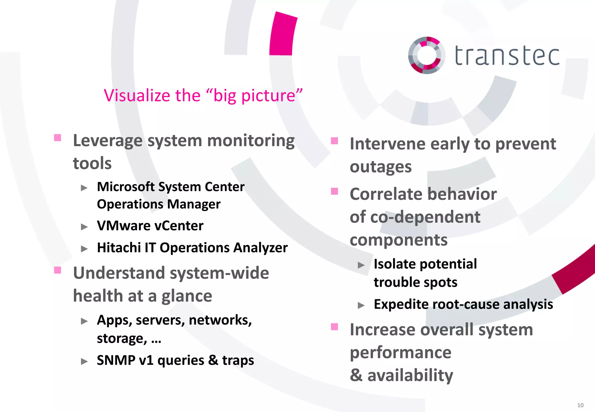 Visualize the “big picture”

   Leverage system monitoring              Intervene early to prevent
    tools                                    outages
    ►   Microsoft System Center
        Operations Manager
                                            Correlate behavior
    ►   VMware vCenter                       of co-dependent
    ►   Hitachi IT Operations Analyzer       components
                                                 Isolate potential
   Understand system-wide
                                             ►
                                                 trouble spots
    health at a glance                       ►   Expedite root-cause analysis
        Apps, servers, networks,
    ►
        storage, …                        Increase overall system
    ►   SNMP v1 queries & traps              performance
                                             & availability
                                                                                10
 