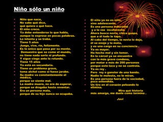 Niño sólo un niño Niño que nace, No sabe qué dice,  qué quiere o qué hace. El niño crece.  Ya debe entenderse lo que habla, aunque lo exprese en pocas palabras. Lo intenta y se traba. Tiene 5 años  Juega, vive, ríe, felizmente.  Es lo único que pasa por su mente. Demuestra que se come el mundo, no tiene nada serio ni profundo. Y sigue ciego ante lo rotundo. Tiene 15 años  Ya está en secundaria.  Tiene un problema grave, toma alchol como si fuese jarabe. Su madre va constantemente el médico,  porque se siente mal. La madre muere, no era de esperar, porque se drogaba hasta reventar. Era un persona mala,  porque de su hijo nunca se ocupaba. El niño ya no es niño,  sino adolescente. Es una persona indecente y a la vez  incoherente.  Ahora busca novia, chica guapa, que a él todo le tapa.  Al cabo del tiempo, la novia lo deja,  él se enoja y la mata,  y es una carga en su conciencia . Ya es mayor.  Ha hecho mal y sin temor.  En la cárcel ya se encuentra  con la más grave condena,  por matar a más de 200 personas  porque está loco y no se controla. Ya es rey . Pero  rey o ganster de una banda. Nadie le molesta, no le miran.  Es una persona fuera de la sociedad,  poco entendida. Un tiro en el corazón peleando lo elimina.  Mira qué historia más amarga, me duele como termina .  Javi 